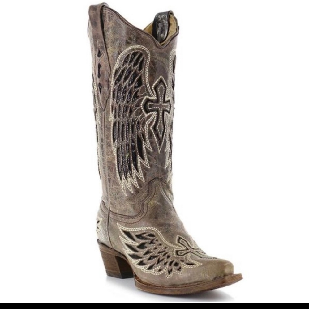 Corral Ladies Brown/Black Wing and Cross Sequined Cowgirl Western Boots Size 8